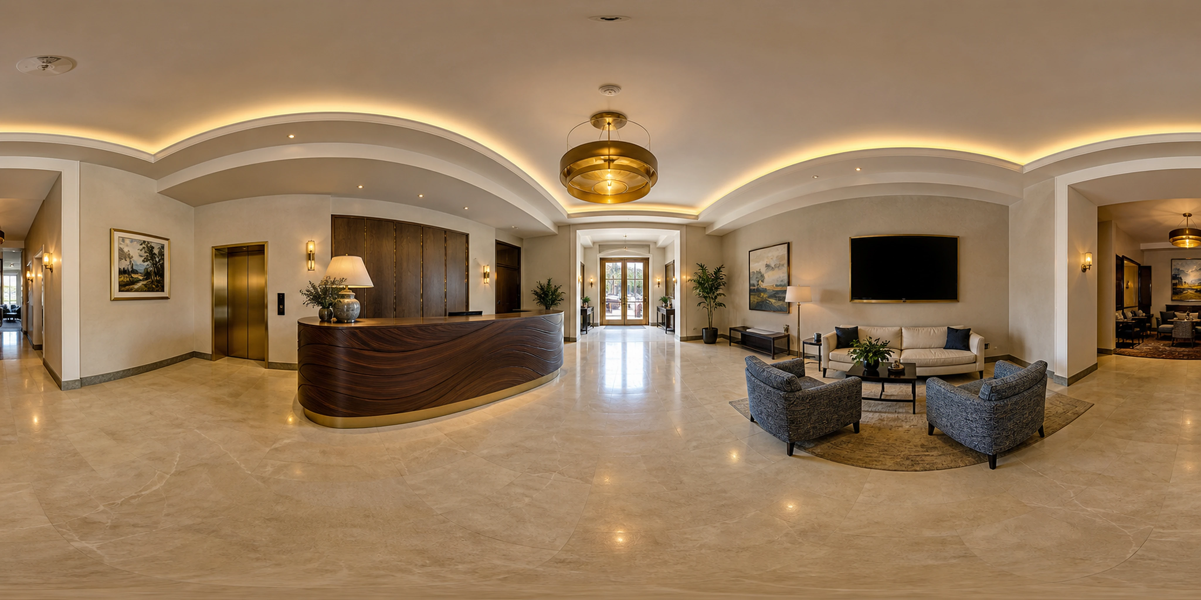 Photoreal hotel lobby panorama used in the interactive tour