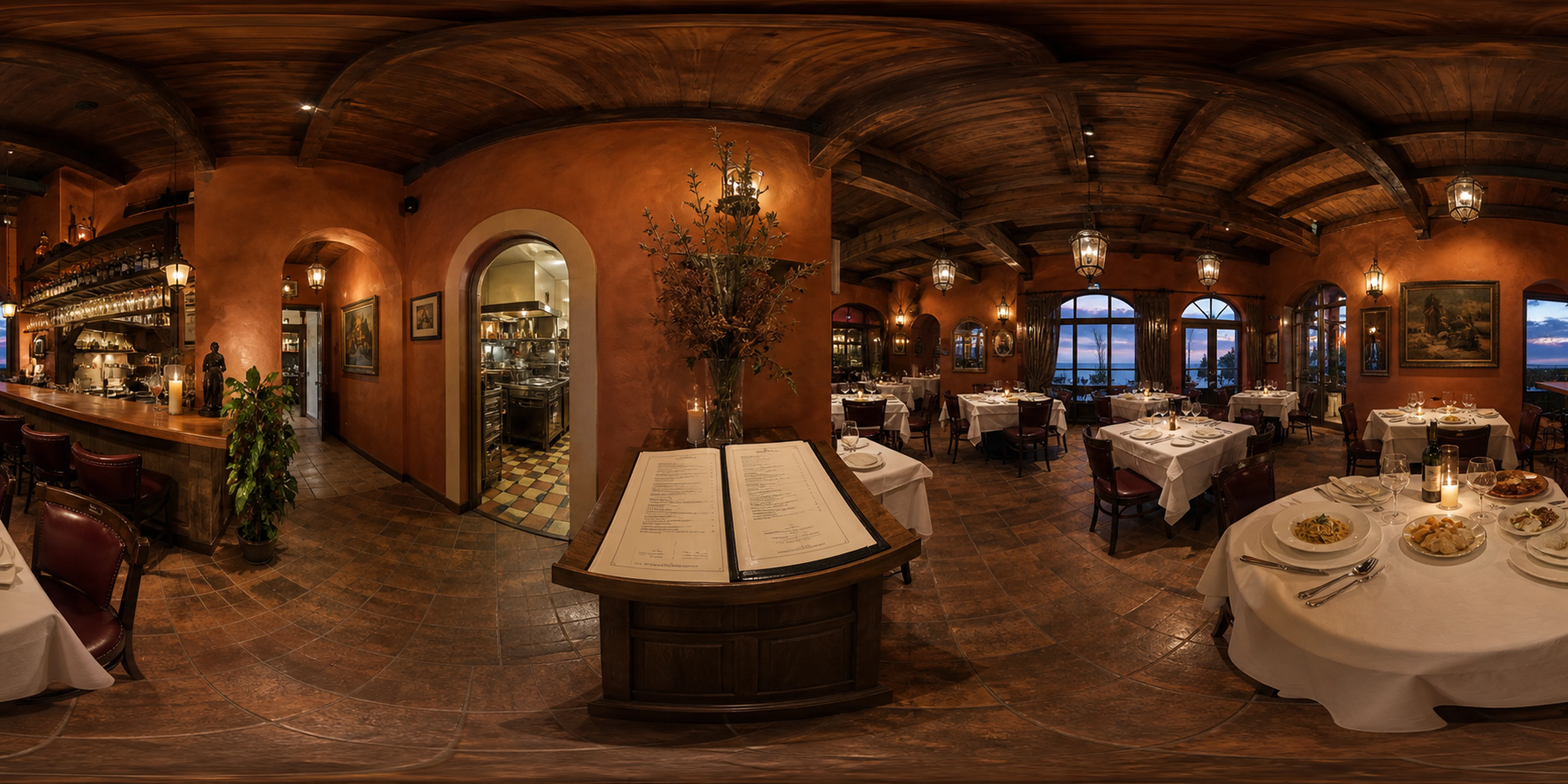 Photoreal restaurant dining room panorama used in the interactive tour