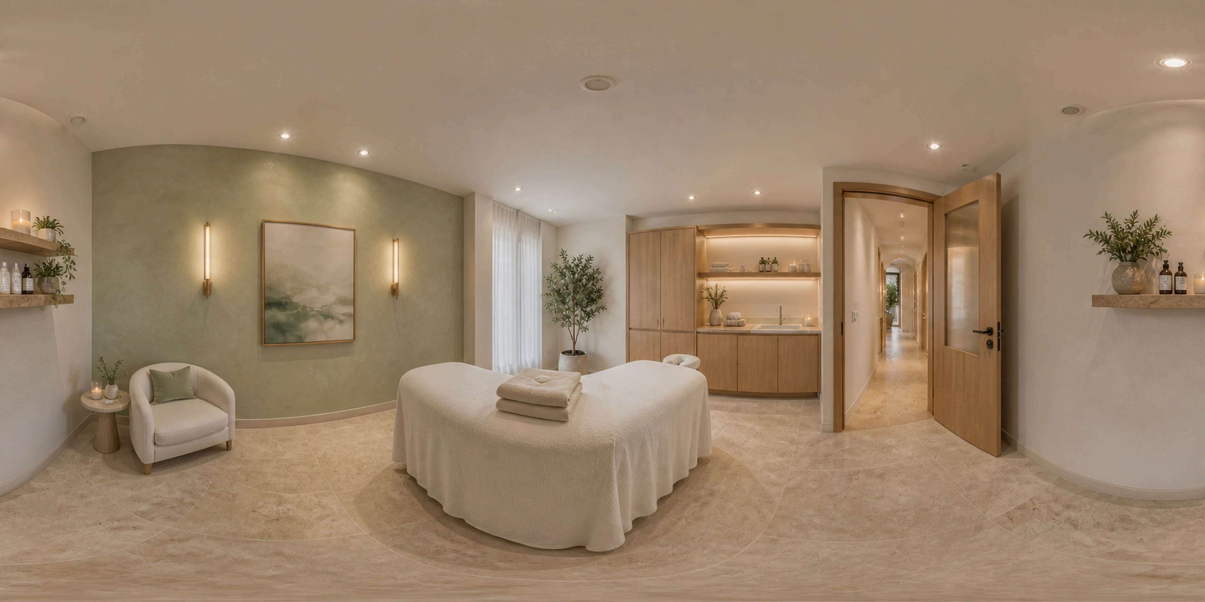 Photoreal wellness treatment room panorama used in the interactive tour